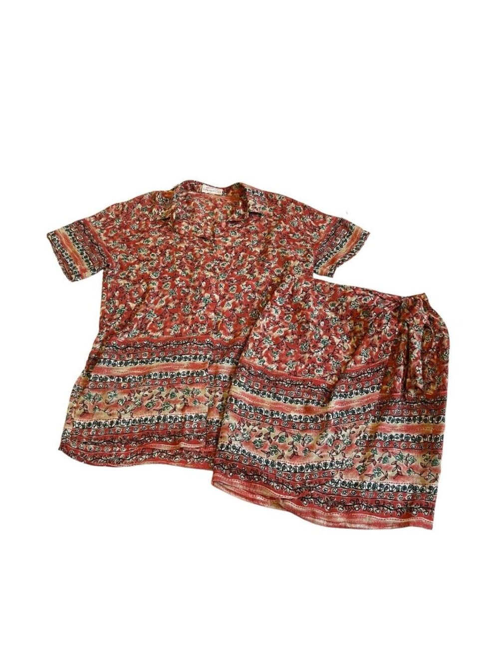 Apriori Floral Flowy Button Down Short Sleeve And Matching Skirt Set Boho Size 8